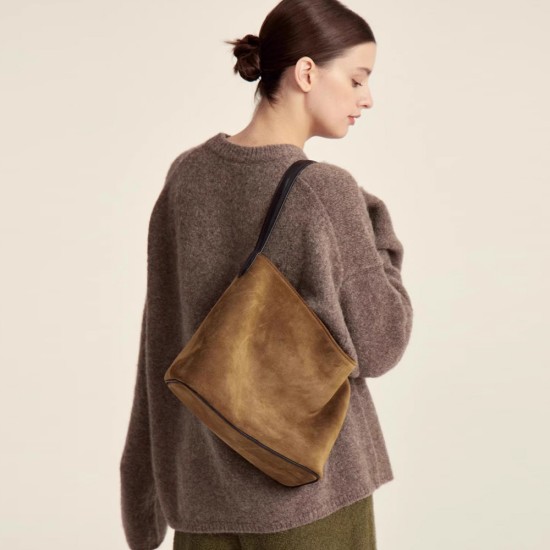 Suede Tote Bag Retro Commuting Large Capacity Suede Cowhide Hobo Shoulder Bag - Memoo.com